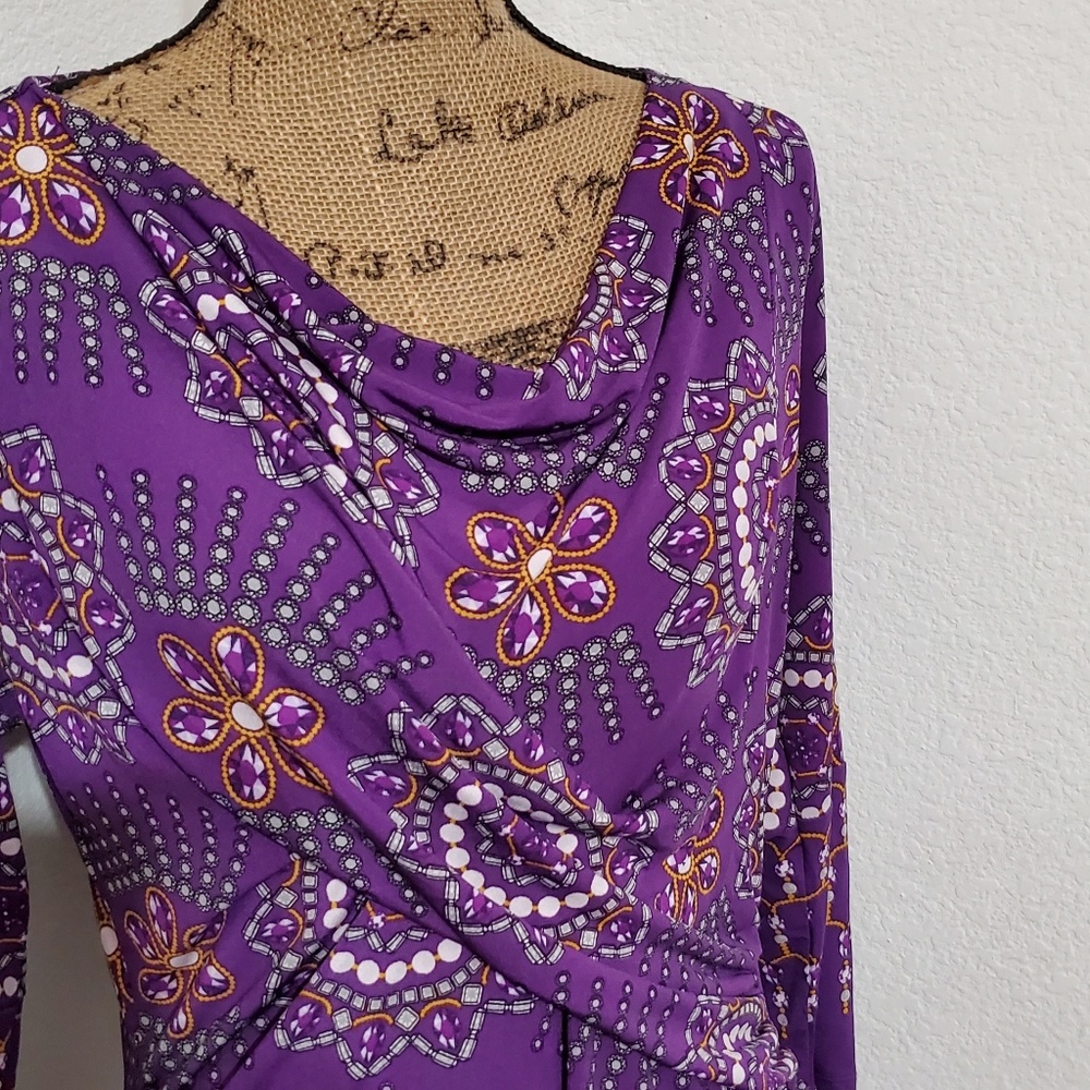New York & Company Purple abstract print mandelas drape neckline long sleeve Lg.